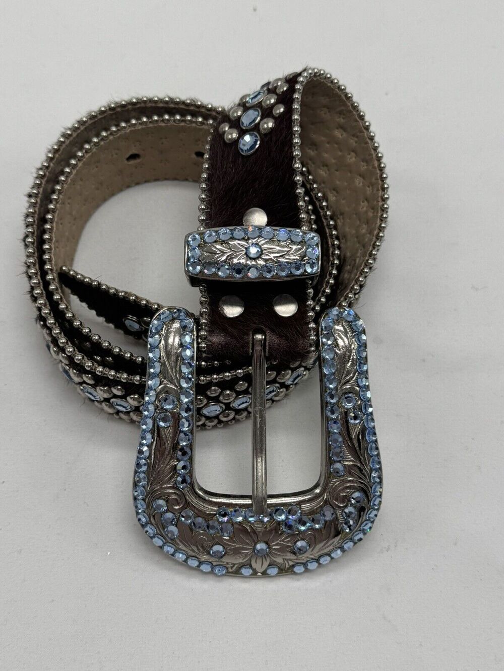 b. b. Simon Brown Leather/ horse hair Swarovski Crystal Belt Sz XL 43” Long Y2K